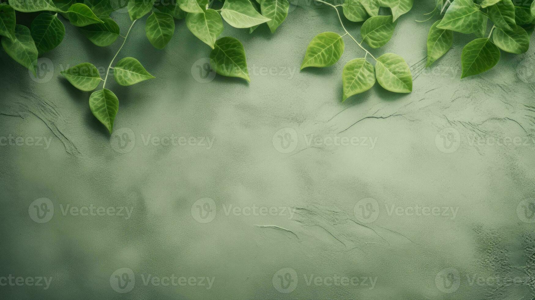 calcestruzzo verde e grigio sfondo con le foglie. piatto posizione, superiore Visualizza, ai generativo foto
