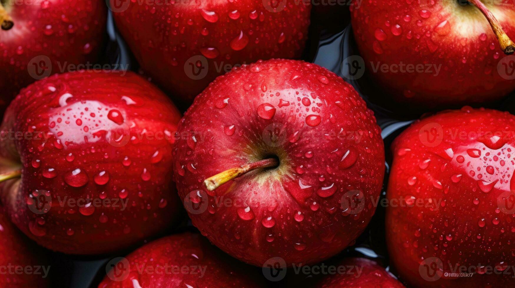 macro di fresco rosso bagnato mele con acqua gocce.ai generativo mangiare un' rosso Mela giorno bandiera foto