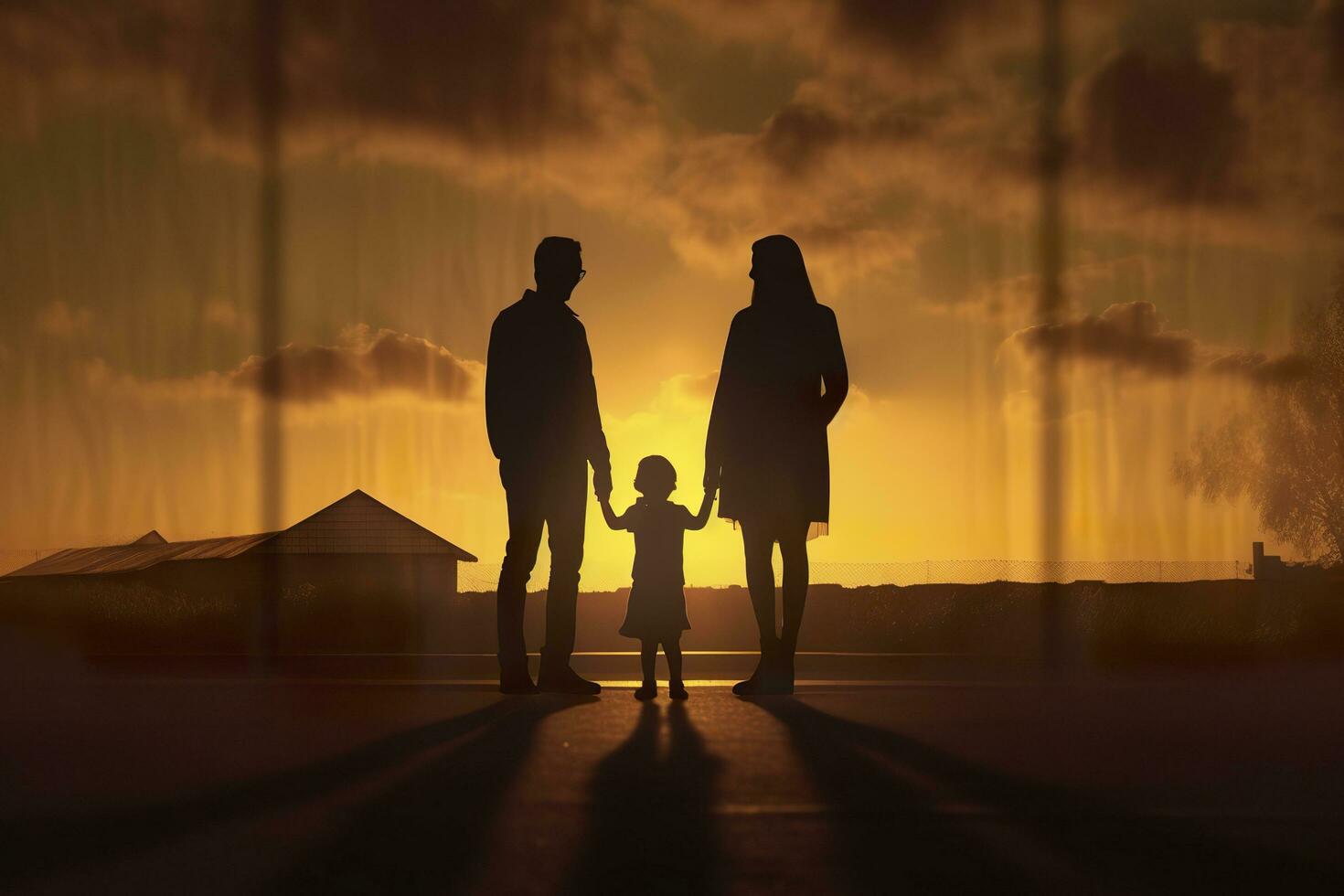 ombra di contento famiglia insieme, genitori con loro poco bambino a tramonto. un' silhouette di amore e unità. ai generativo foto