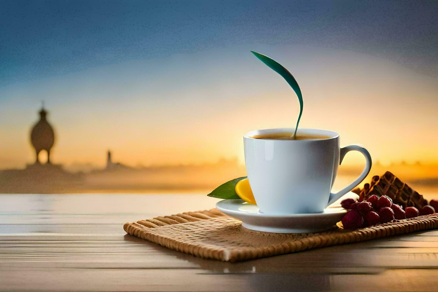 un' tazza di caffè con un' Visualizza di il città. ai-generato foto