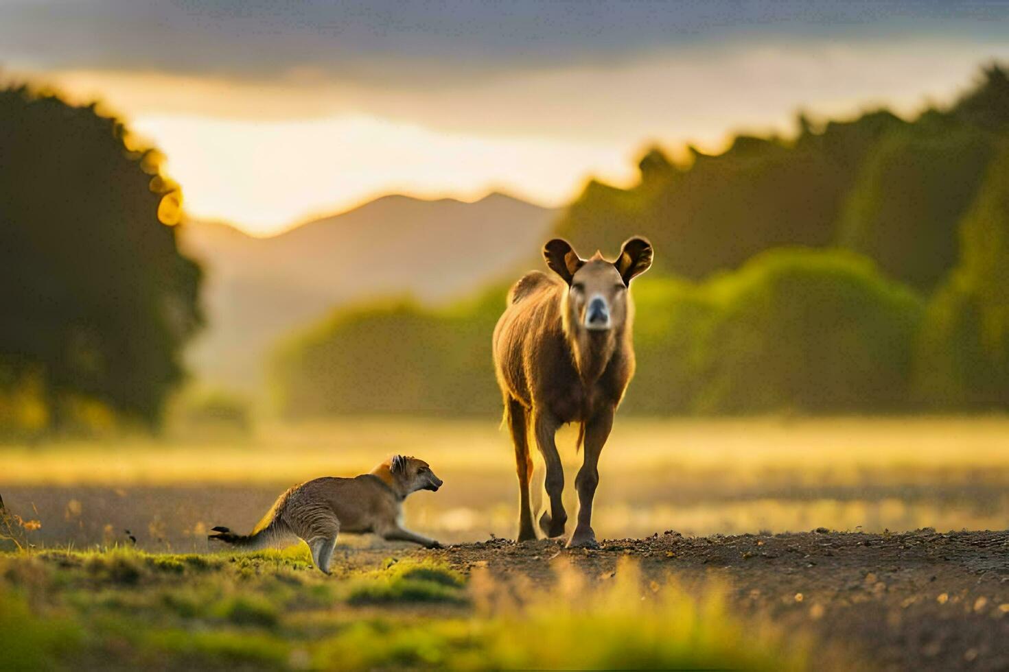 un' mucca e un' cane a piedi nel il campo. ai-generato foto