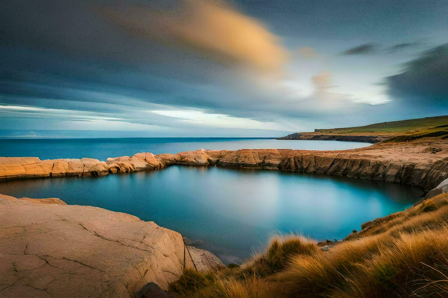 un' lungo esposizione fotografia di un' corpo di acqua. ai-generato foto