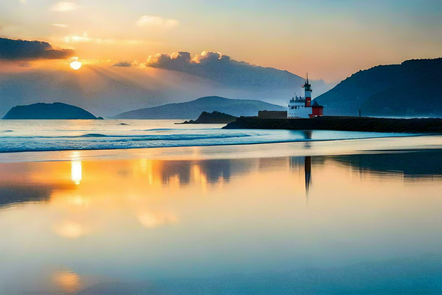 un' faro su il spiaggia a tramonto. ai-generato foto