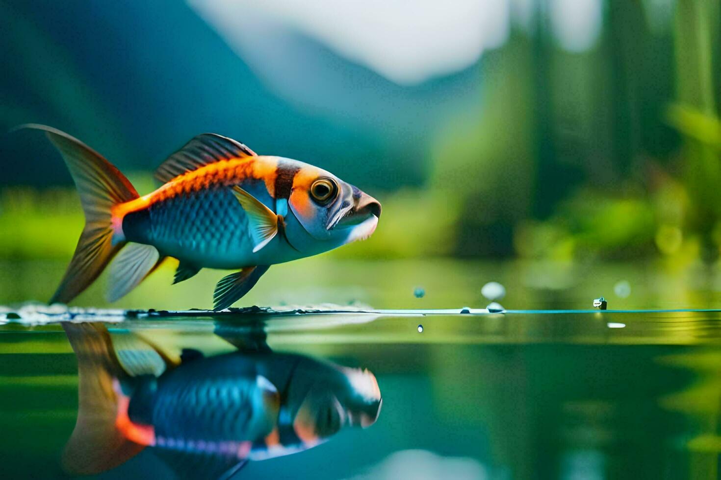 un' pesce è in piedi su il acqua con suo riflessione. ai-generato foto