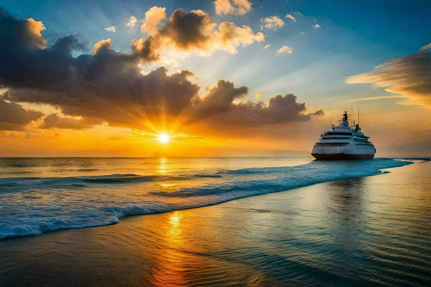 un' crociera nave su il spiaggia a tramonto. ai-generato foto