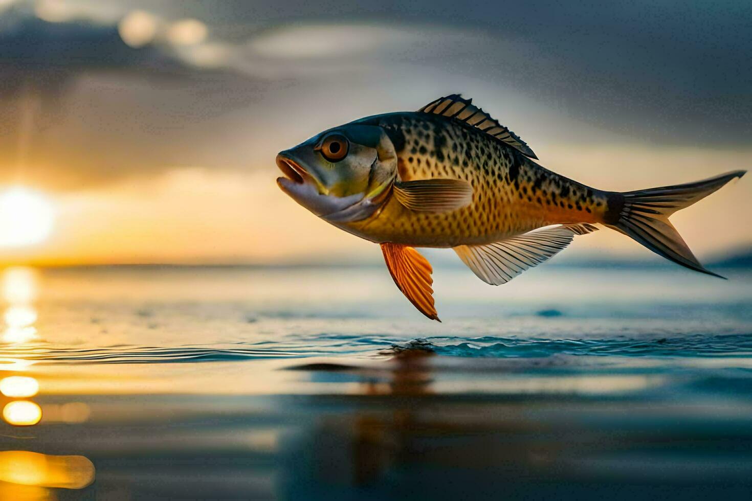 un' pesce salto su di il acqua a tramonto. ai-generato foto