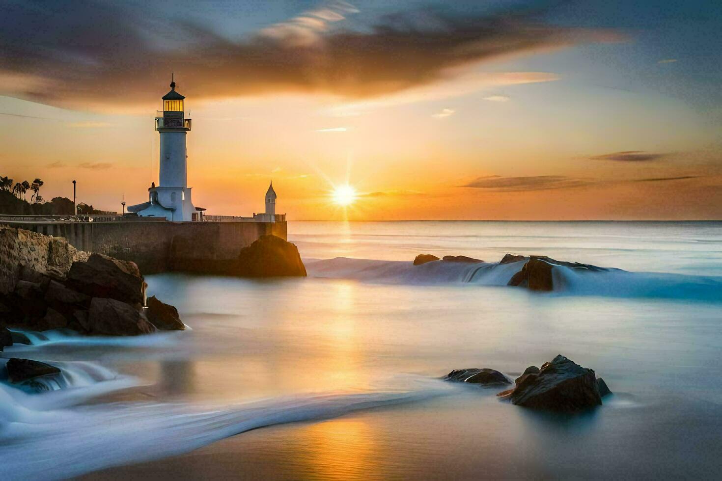 il sole imposta al di sopra di un' faro nel il oceano. ai-generato foto