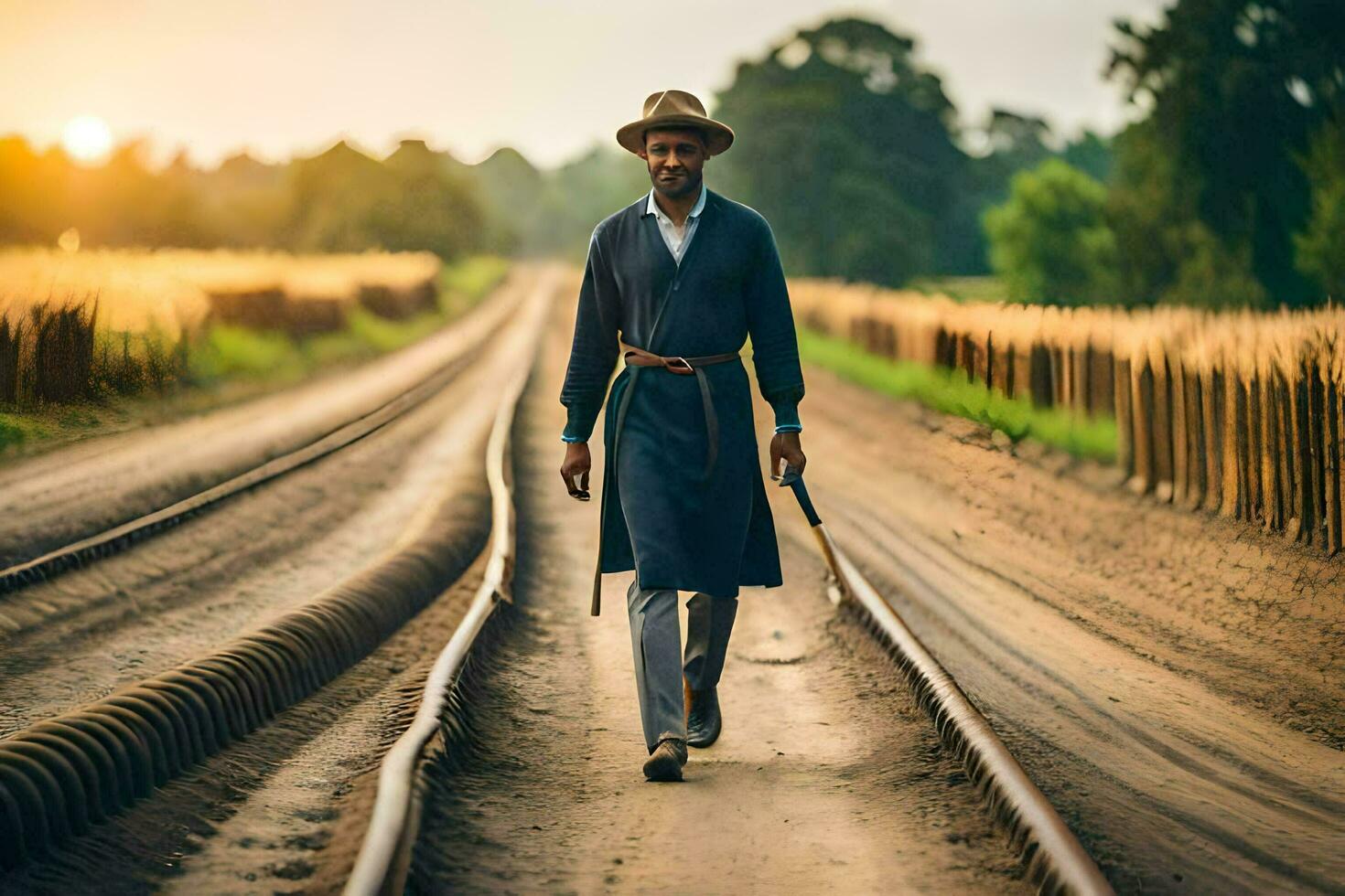 un' uomo nel un' cappello e cappotto a piedi su un' Ferrovia traccia. ai-generato foto