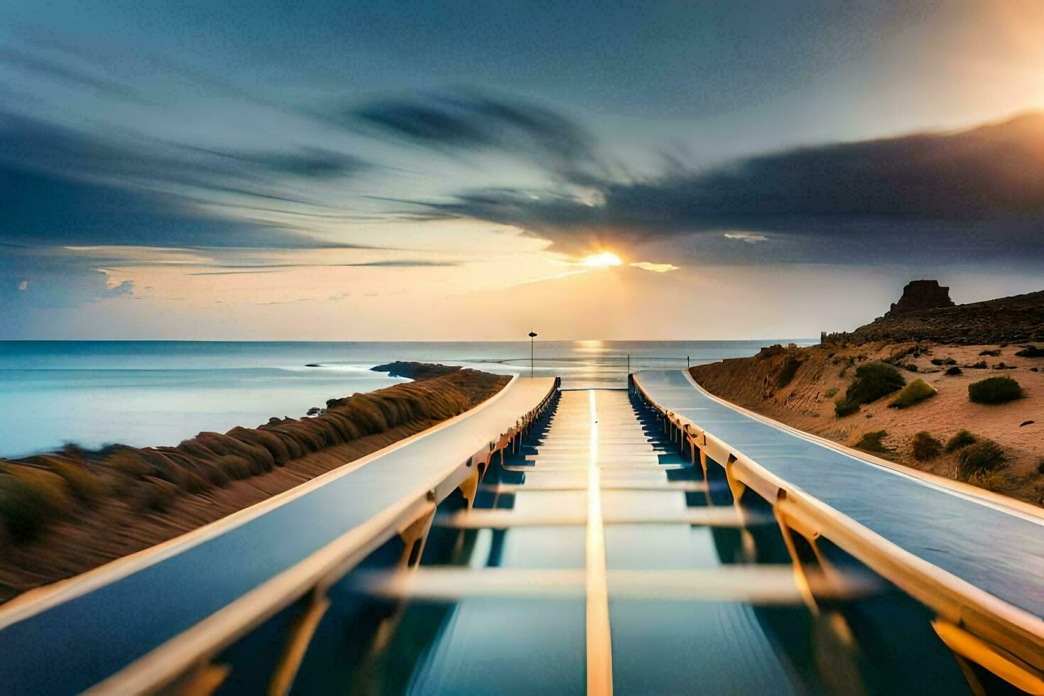un' lungo esposizione foto di un' ponte al di sopra di il oceano. ai-generato