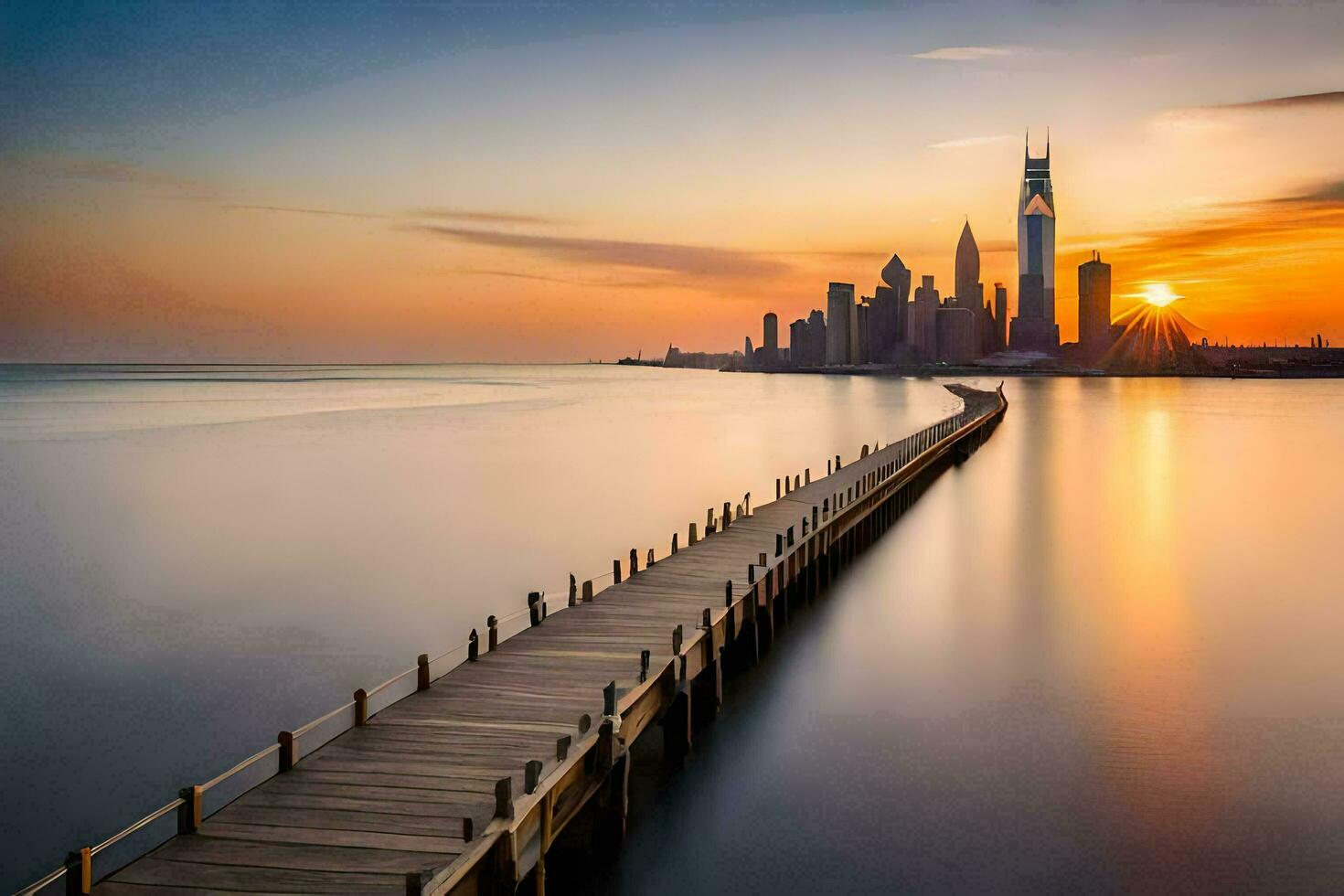 un' molo conduce per il città orizzonte a tramonto. ai-generato foto