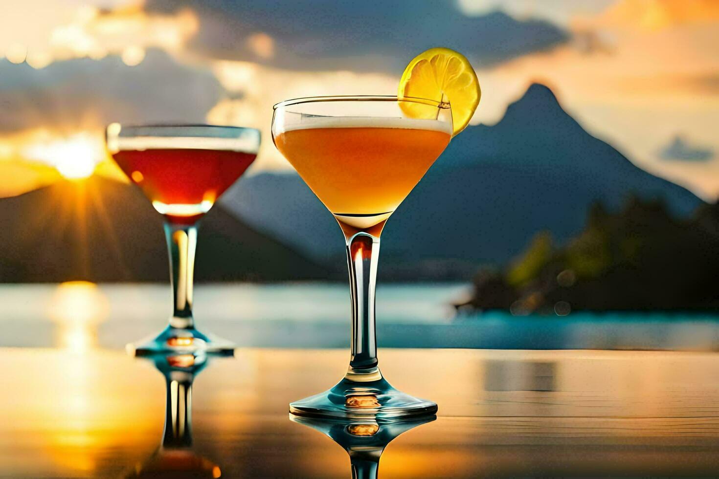 Due bicchieri di cocktail con tramonto nel il sfondo. ai-generato foto