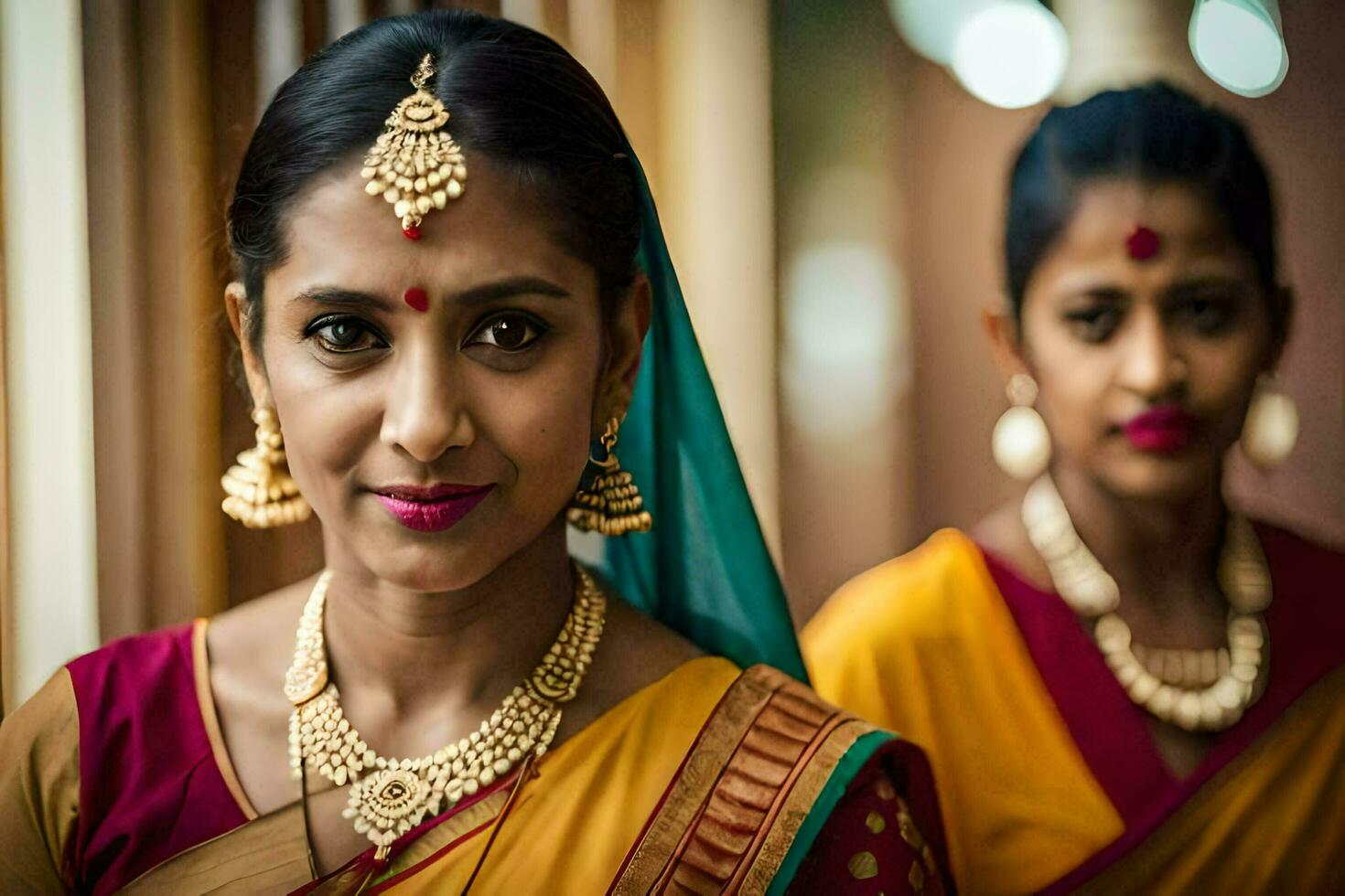Due donne nel tradizionale sari e gioielleria. ai-generato foto
