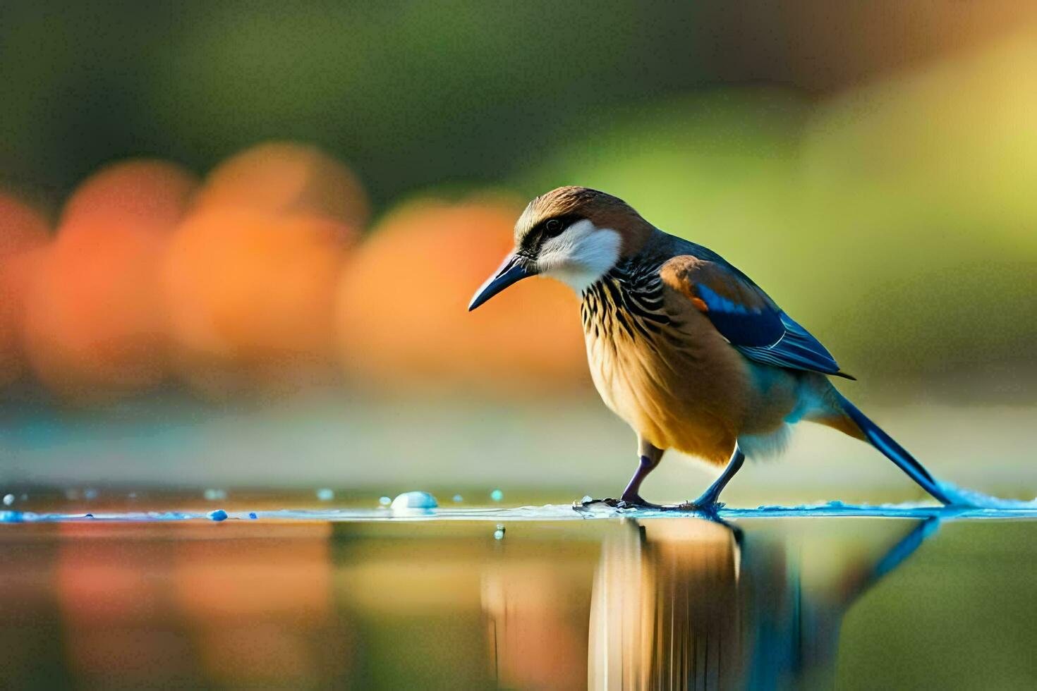 un' uccello in piedi su il acqua con suo riflessione. ai-generato foto