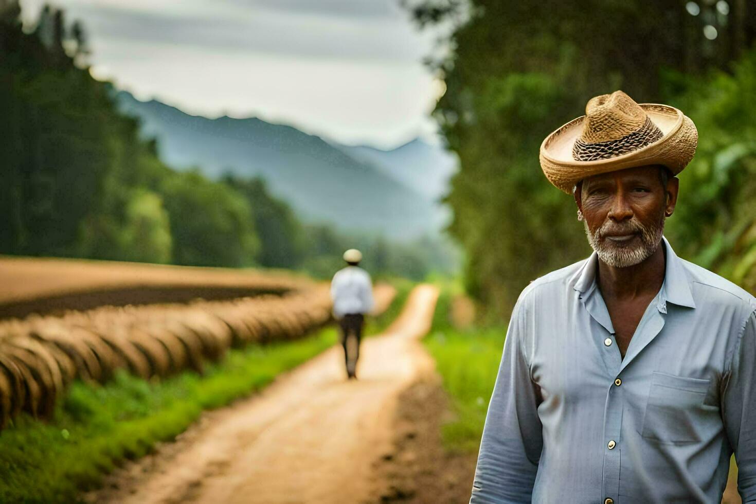 un' uomo indossare un' cannuccia cappello passeggiate giù un' sporco strada. ai-generato foto