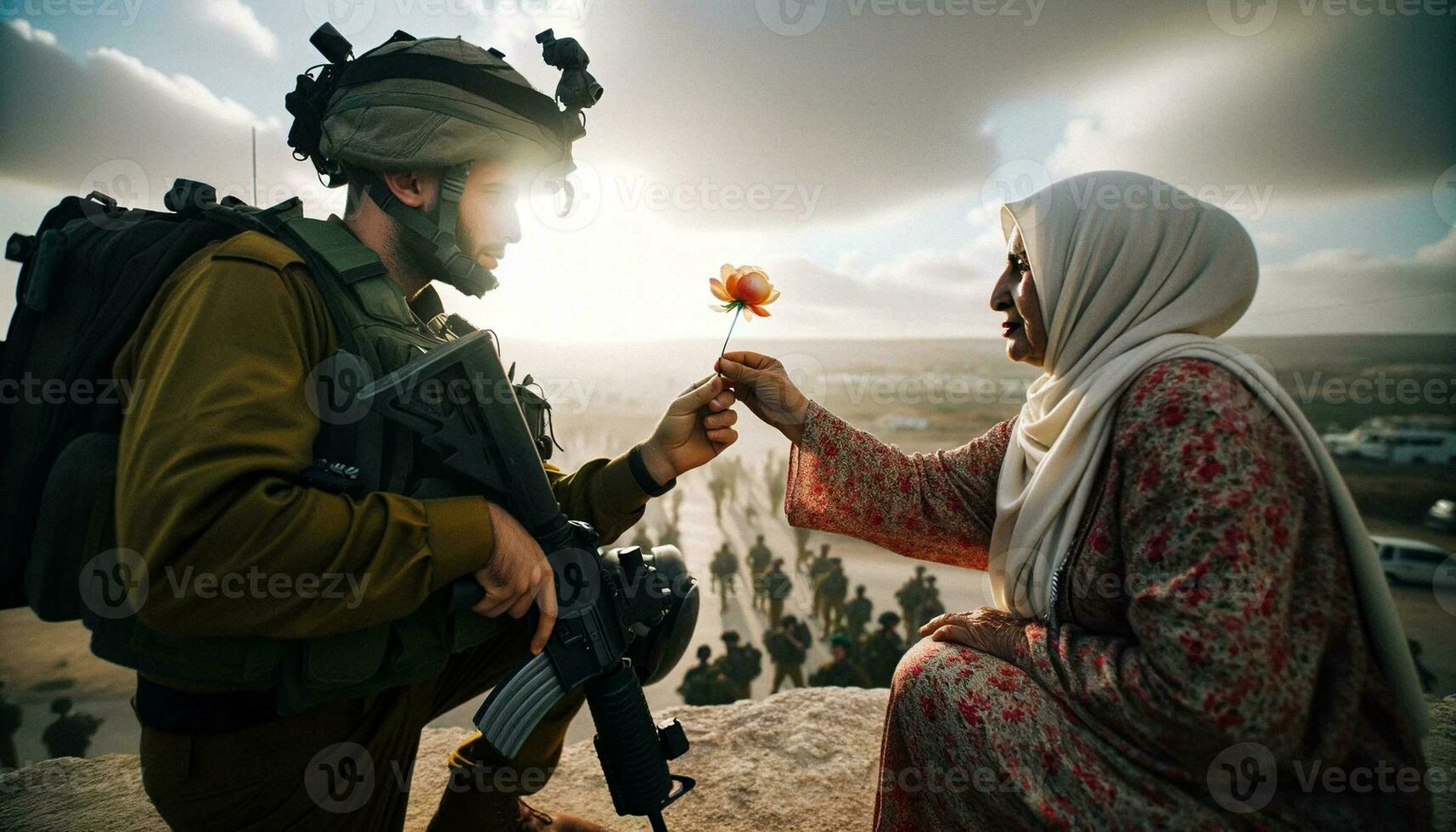 palestinese donna offerta pace fiore per israeliano soldato. generativo ai. foto