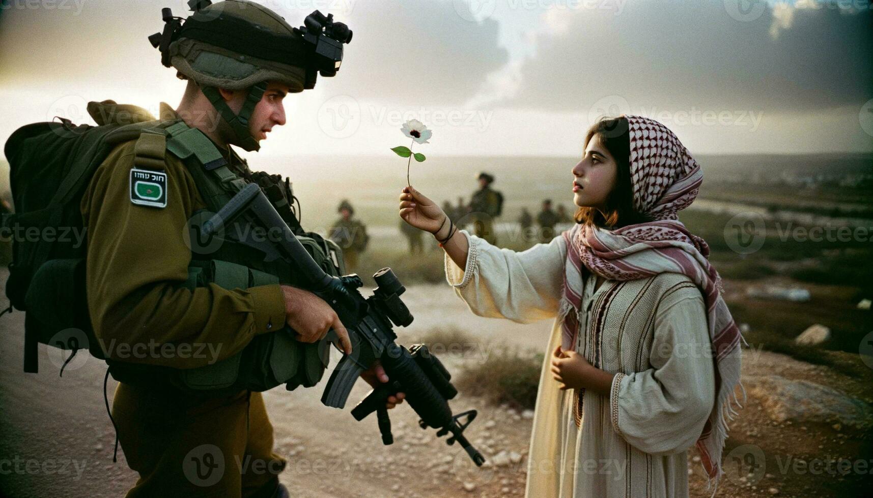 palestinese donna offerta pace fiore per israeliano soldato. generativo ai. foto