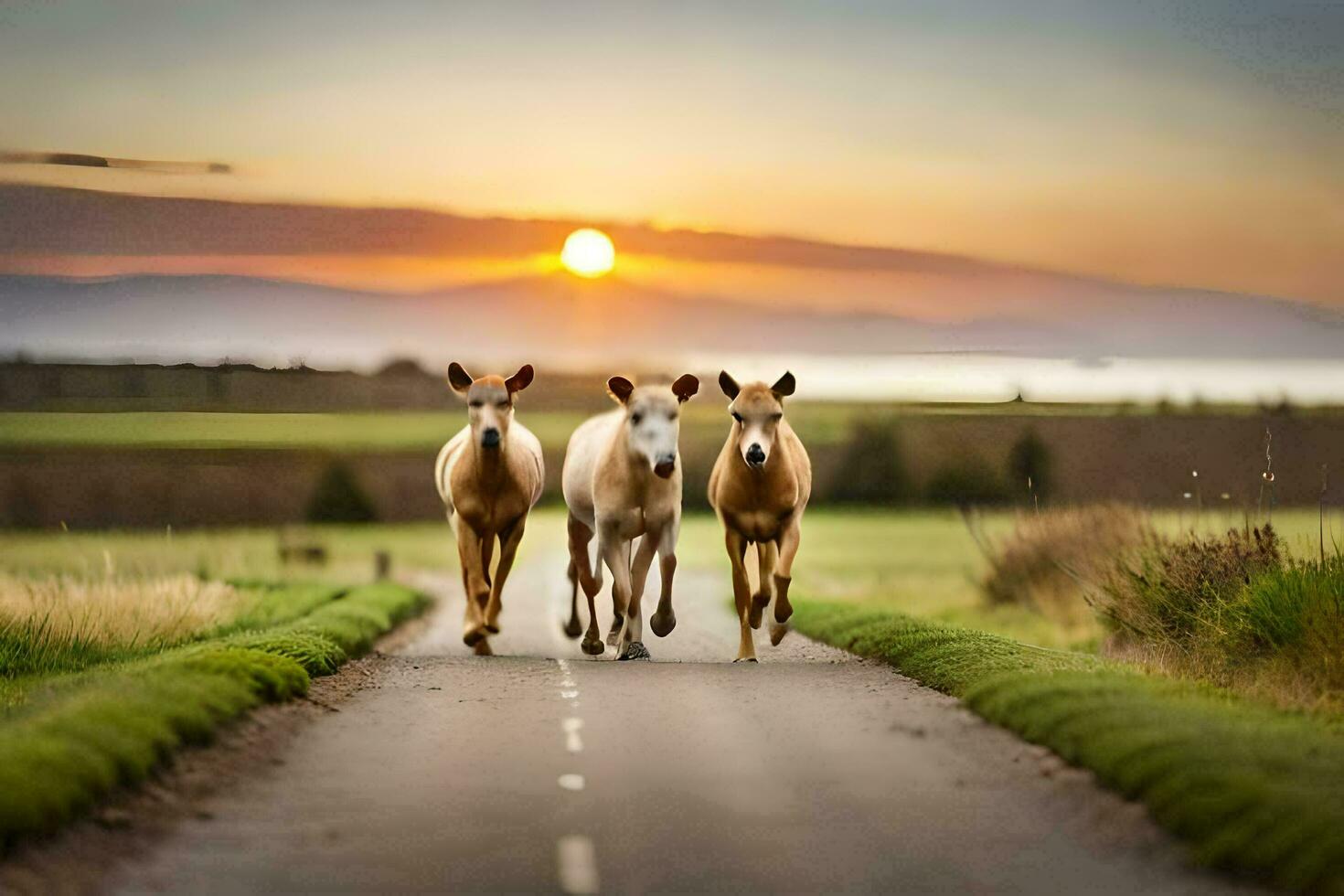 tre cavalli in esecuzione giù un' strada a tramonto. ai-generato foto