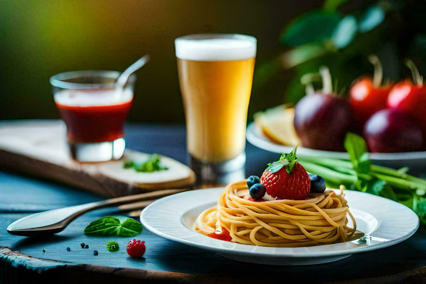 spaghetti con fresco frutti di bosco e verdure su un' piatto. ai-generato foto