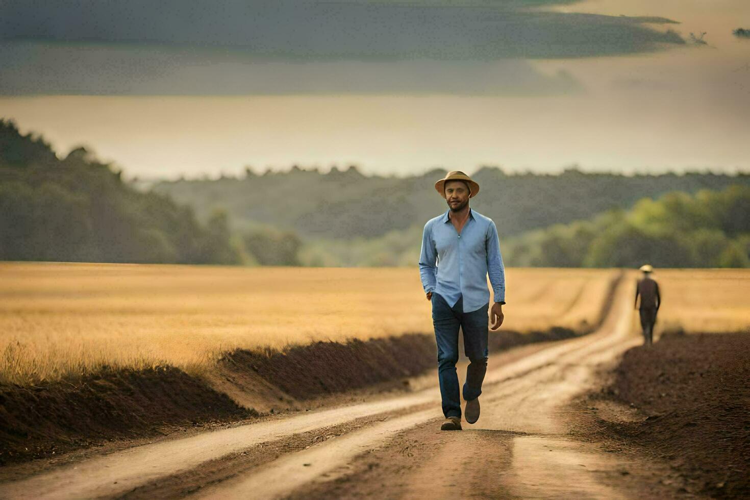 un' uomo a piedi giù un' sporco strada nel un' campo. ai-generato foto