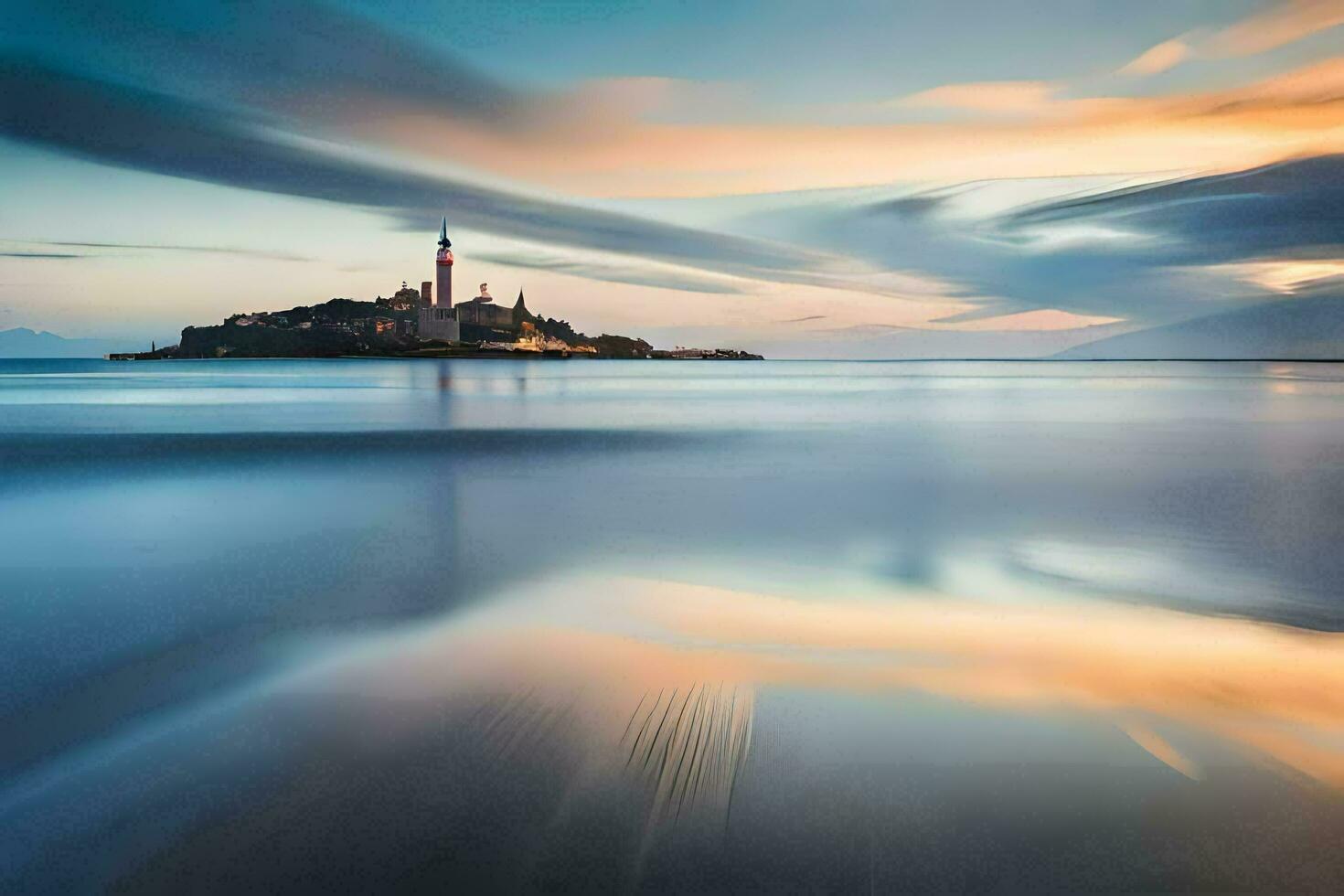 un' faro su un isola nel il mezzo di il oceano. ai-generato foto