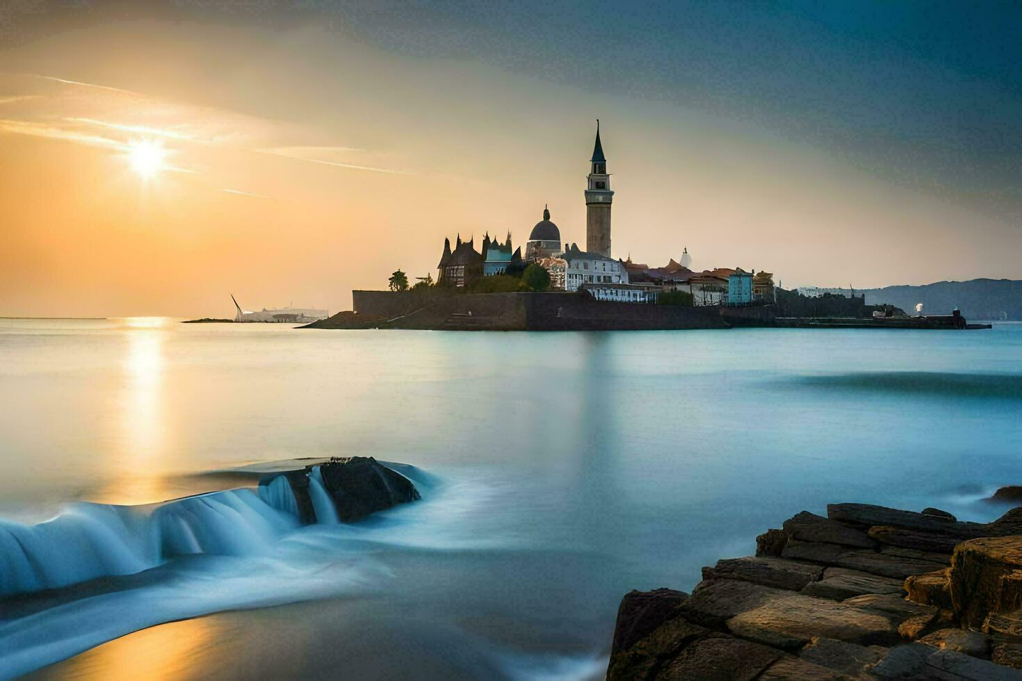 il sole imposta al di sopra di un' bellissimo castello su il costa. ai-generato foto