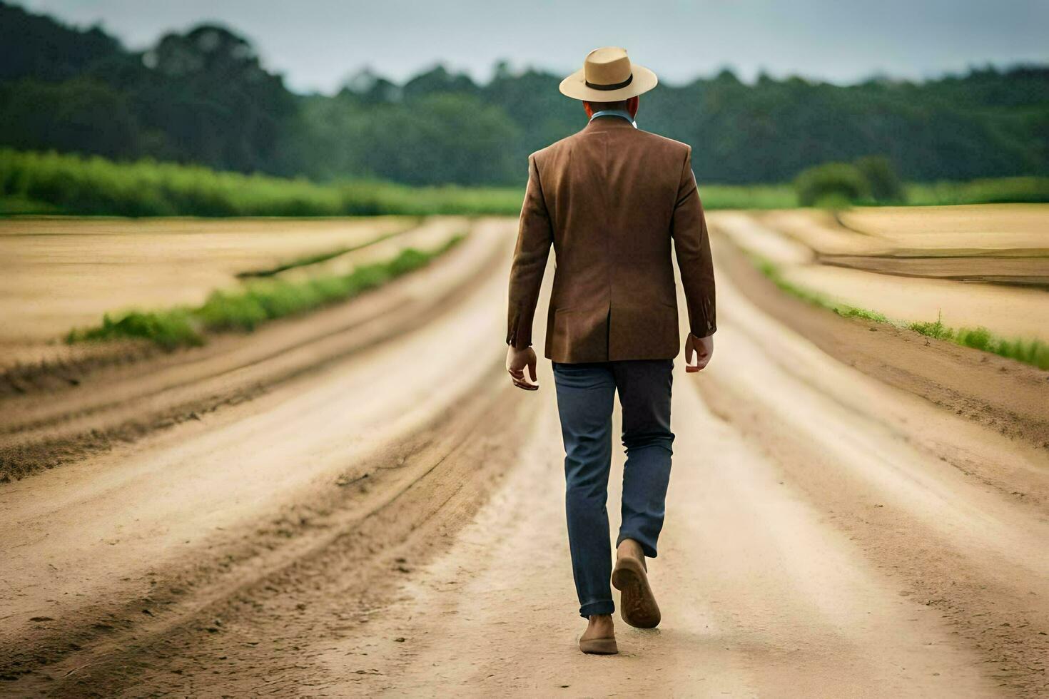 un' uomo nel un' cappello e completo da uomo a piedi giù un' sporco strada. ai-generato foto