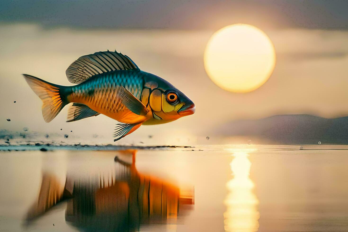 un' pesce è salto su di il acqua a tramonto. ai-generato foto