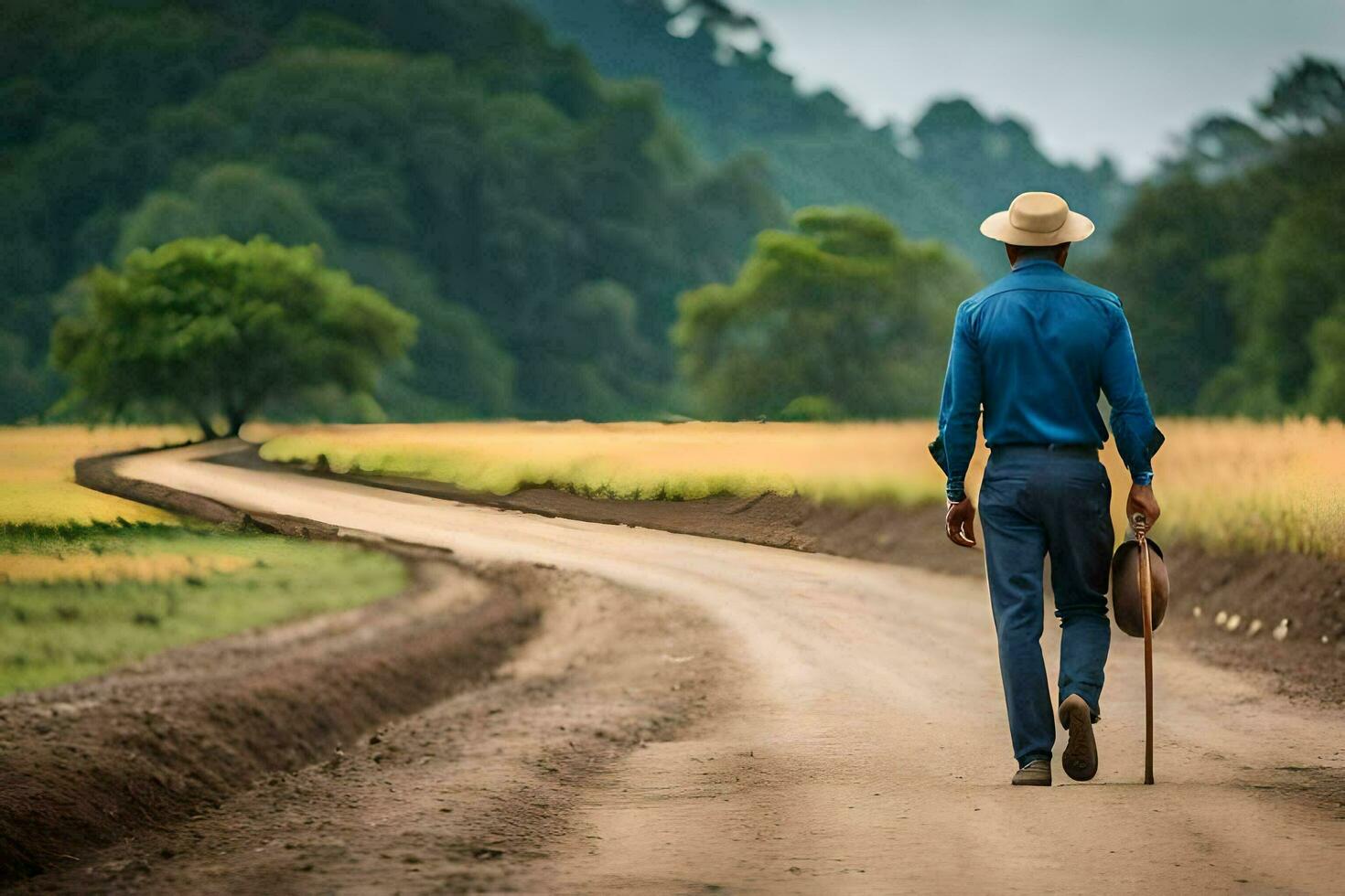 un' uomo a piedi giù un' sporco strada con un' canna. ai-generato foto