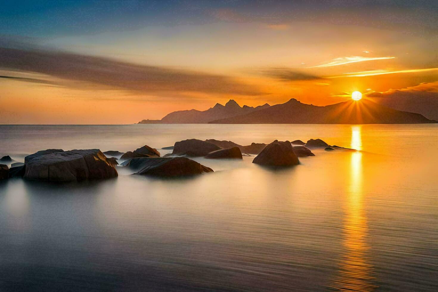 il sole sorge al di sopra di il oceano e rocce nel il primo piano. ai-generato foto