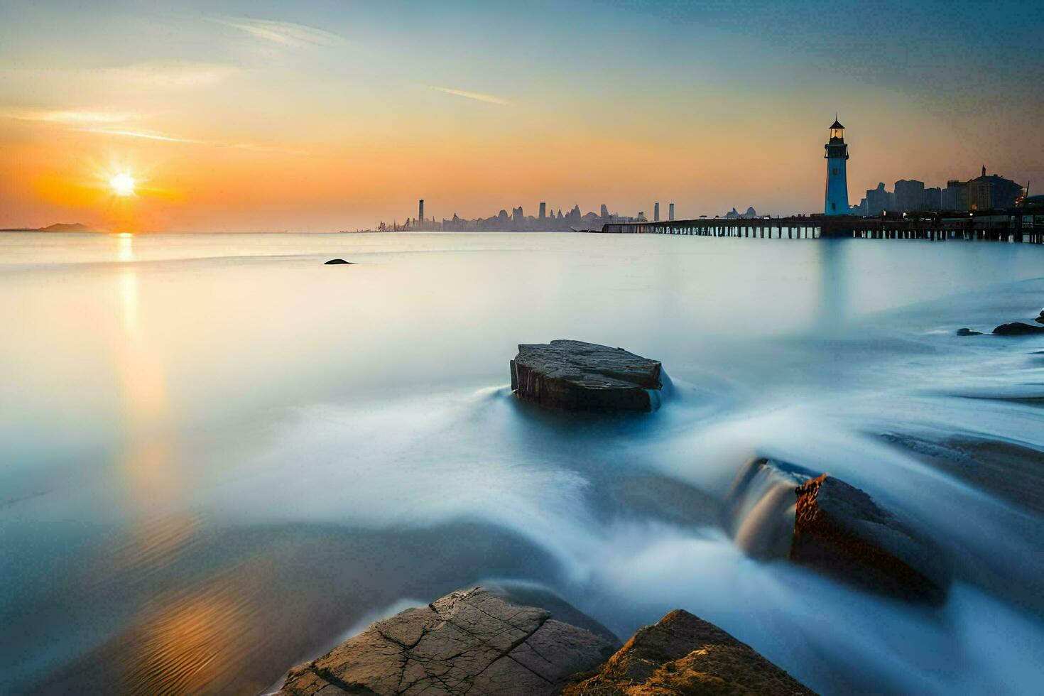 un' faro nel il oceano a tramonto. ai-generato foto