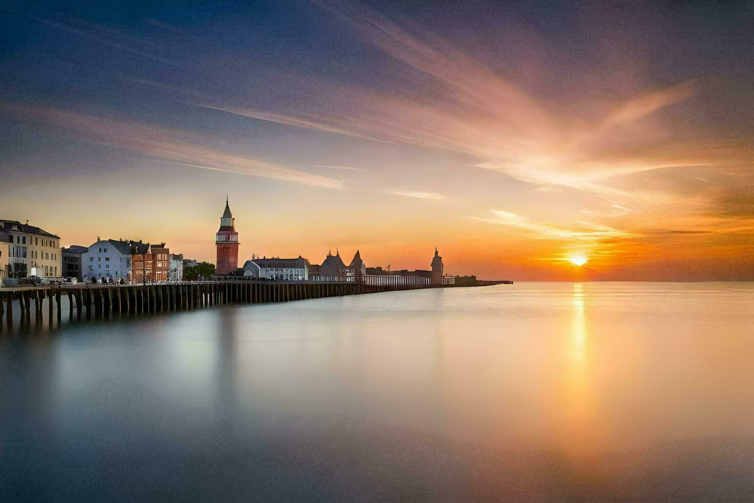 il sole imposta al di sopra di un' molo e edifici nel un' città. ai-generato foto