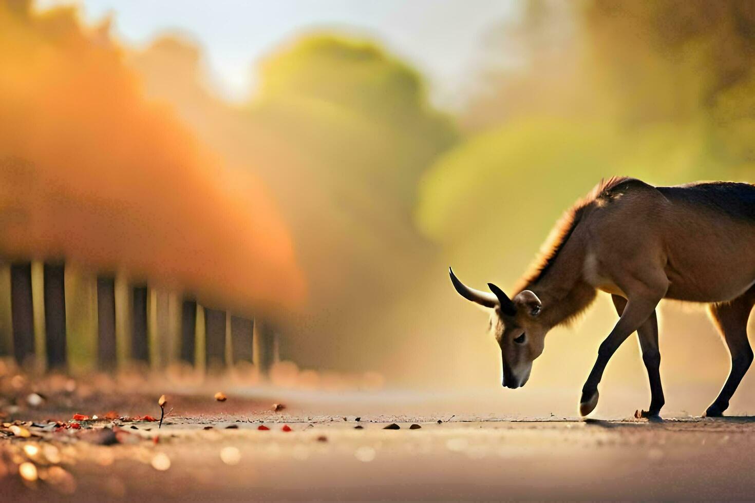 un' cervo a piedi attraverso un' strada nel il mattina. ai-generato foto