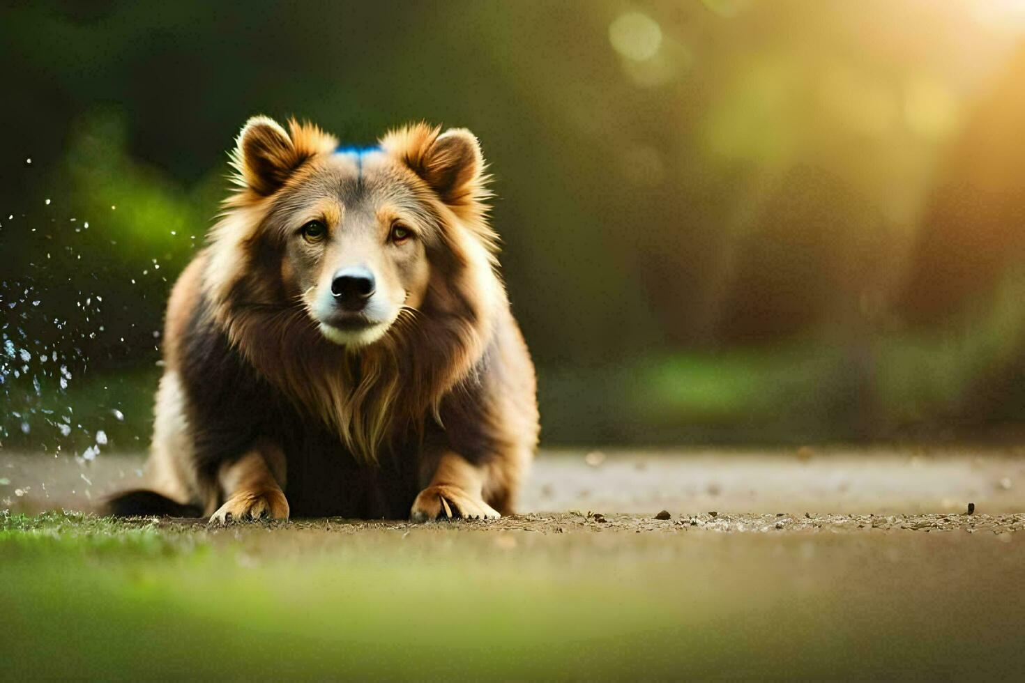 un' cane è seduta su il terra nel il sole. ai-generato foto
