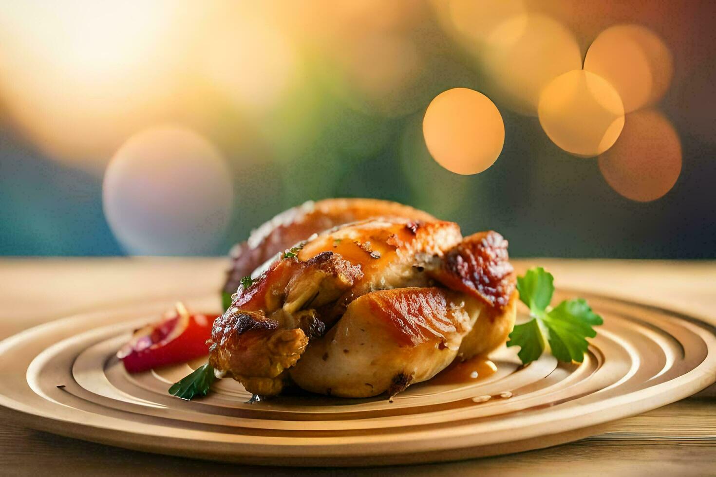 un' pollo su un' piatto con un' di legno sfondo. ai-generato foto