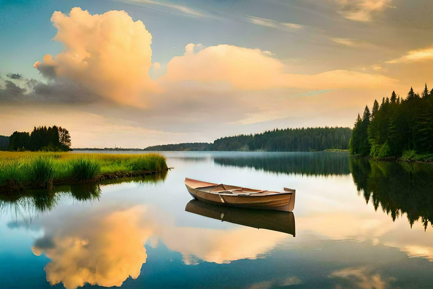 un' barca è galleggiante su il calma acqua. ai-generato foto