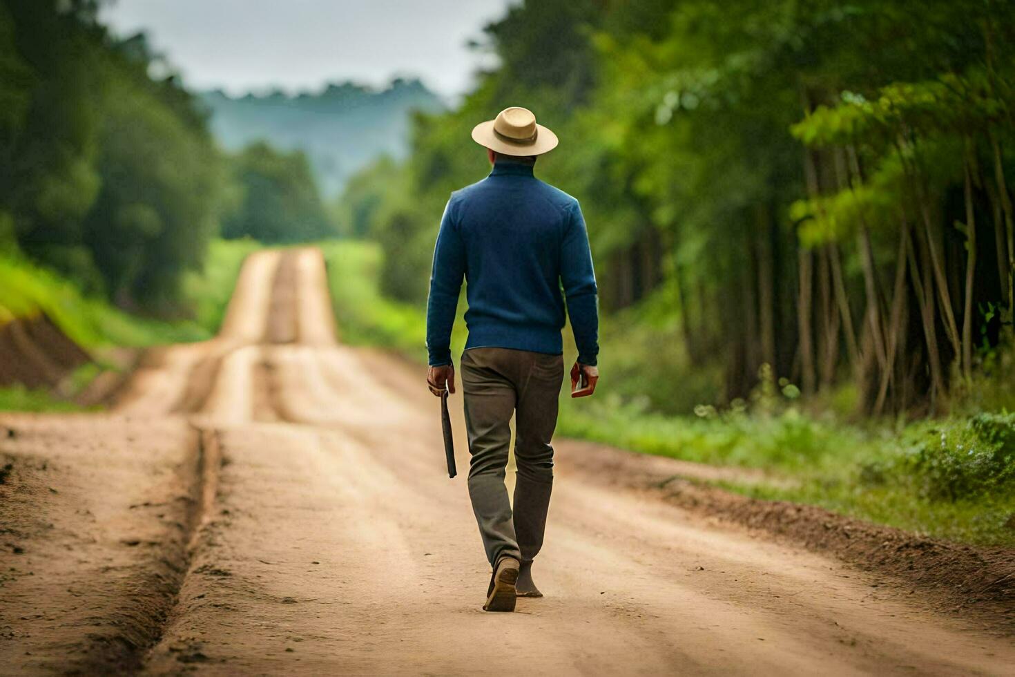 un' uomo a piedi giù un' sporco strada con un' canna. ai-generato foto