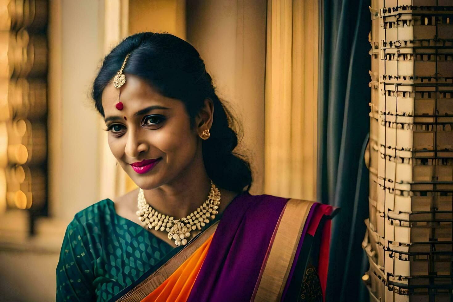 un' bellissimo indiano sposa nel un' colorato sari. ai-generato foto