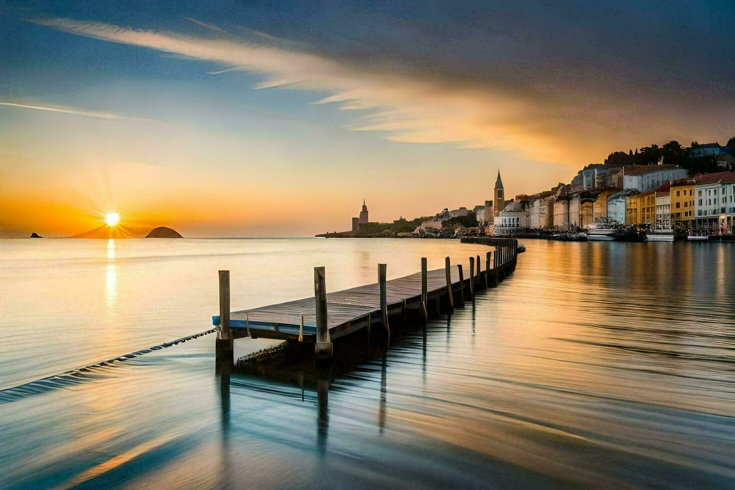 un' molo nel il acqua a tramonto. ai-generato foto