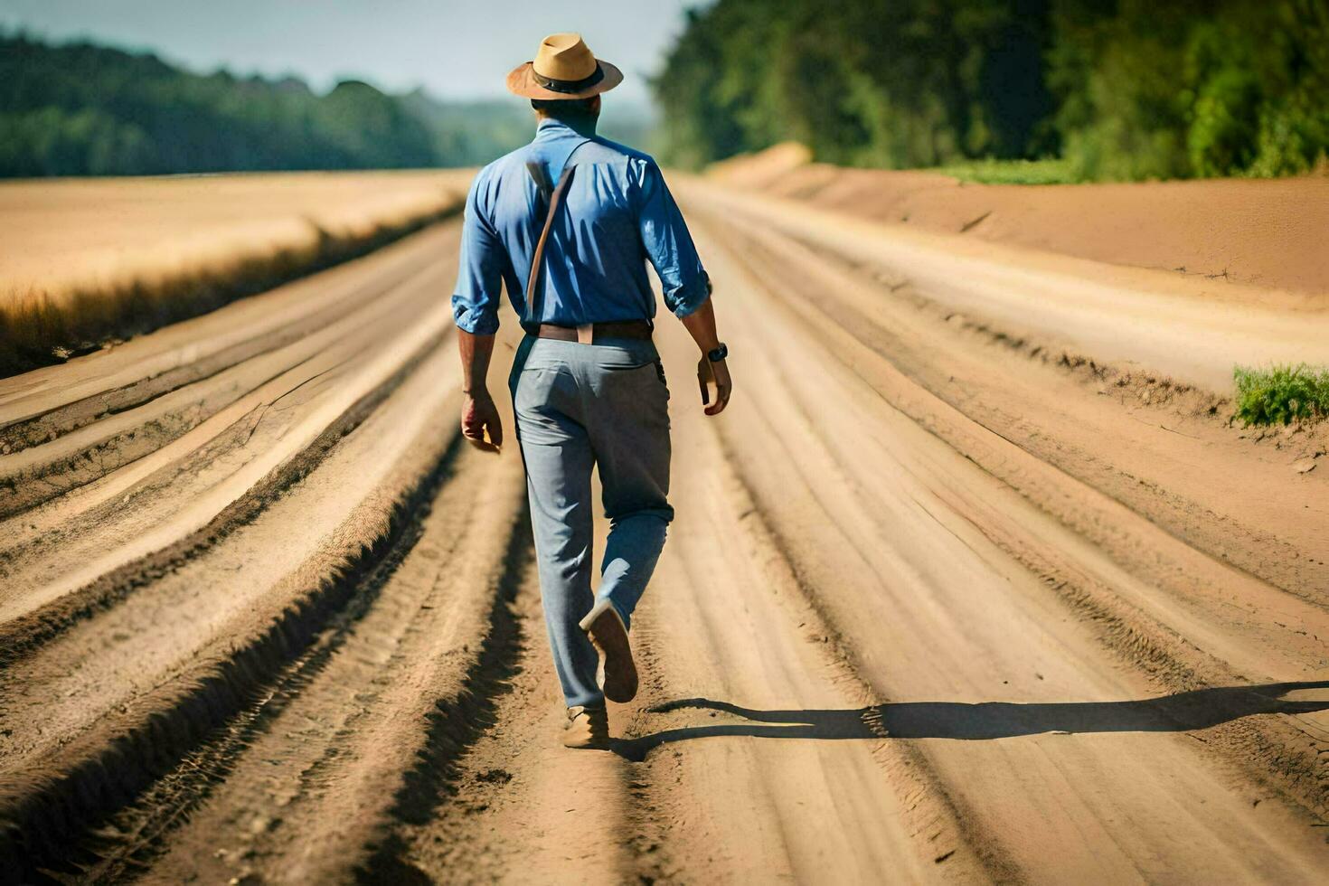 un' uomo nel un' cappello e blu camicia a piedi giù un' sporco strada. ai-generato foto