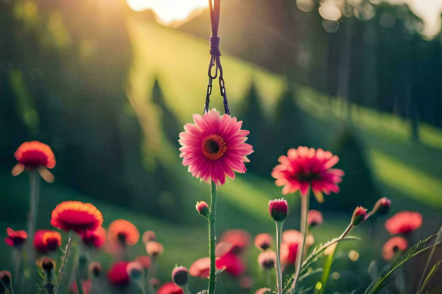 rosa fiori nel un' campo con il sole splendente. ai-generato foto