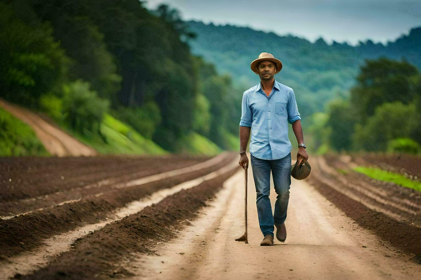 un' uomo a piedi giù un' sporco strada con un' cappello Su. ai-generato foto