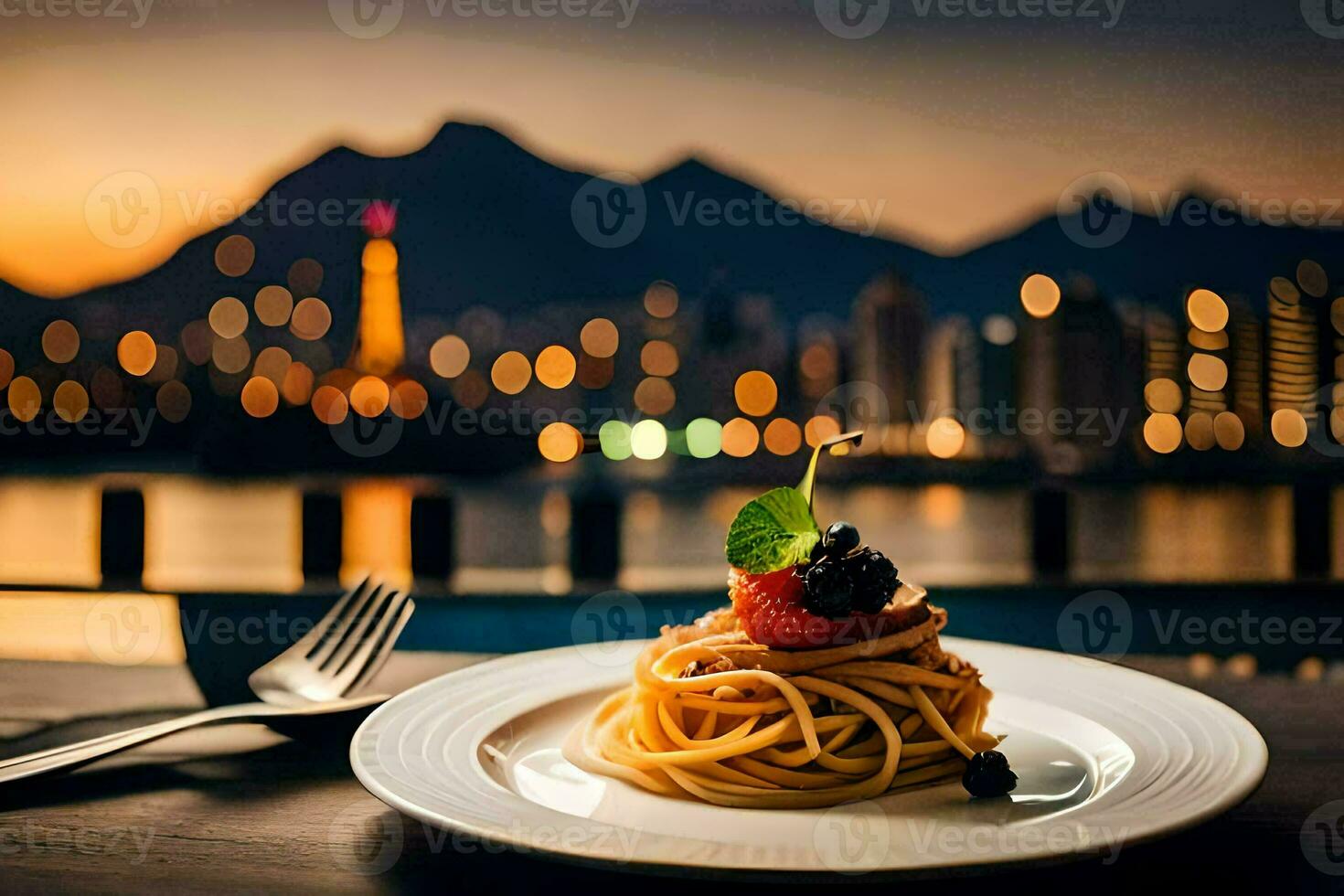 un' piatto di spaghetti con un' Visualizza di il città. ai-generato foto