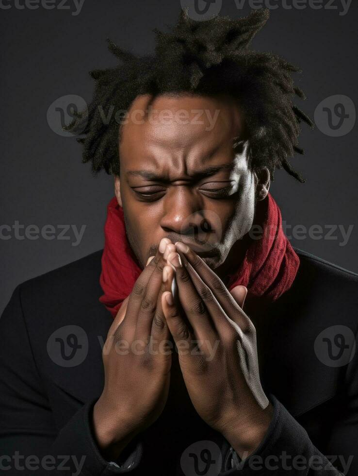 africano uomo è mostrato sofferenza a partire dal freddo con che cola naso su grigio sfondo ai generativo foto
