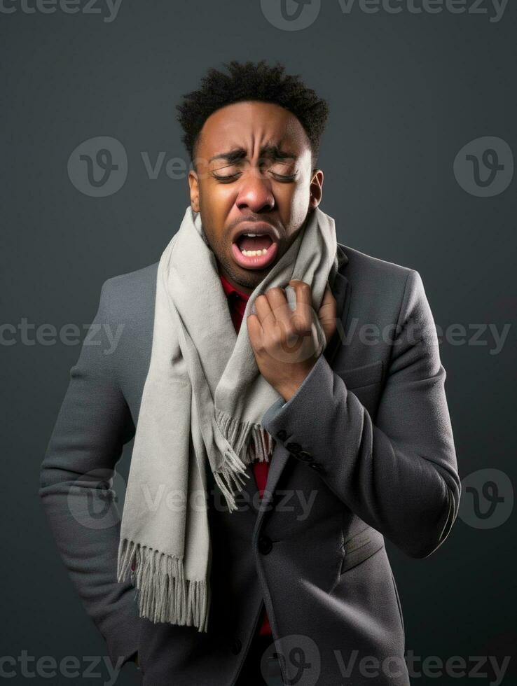 africano uomo è mostrato sofferenza a partire dal freddo con che cola naso su grigio sfondo ai generativo foto