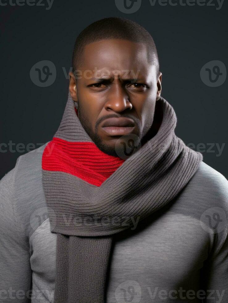 africano uomo è mostrato sofferenza a partire dal freddo con che cola naso su grigio sfondo ai generativo foto