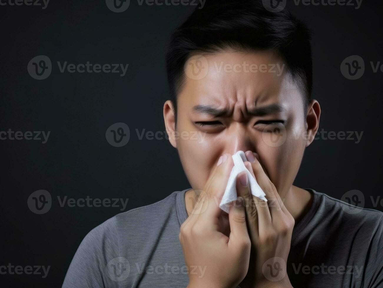 asiatico uomo è mostrato sofferenza a partire dal freddo con che cola naso su grigio sfondo ai generativo foto
