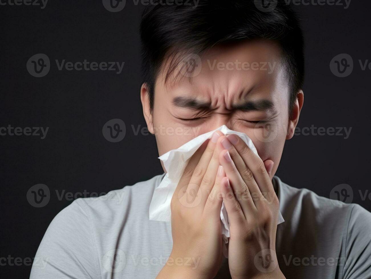 asiatico uomo è mostrato sofferenza a partire dal freddo con che cola naso su grigio sfondo ai generativo foto