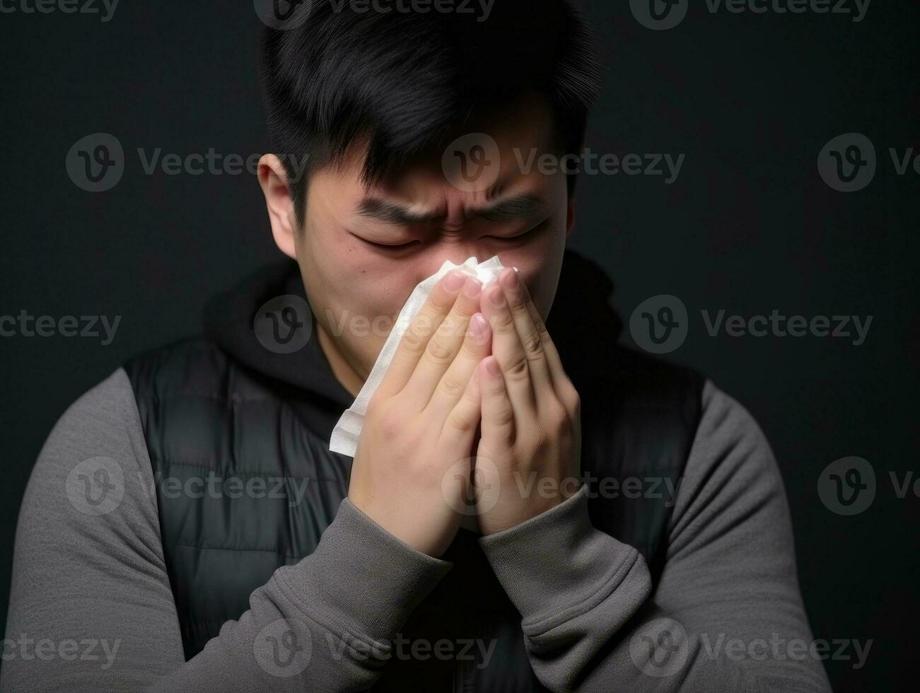 asiatico uomo è mostrato sofferenza a partire dal freddo con che cola naso su grigio sfondo ai generativo foto