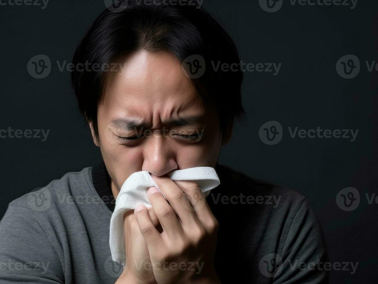 asiatico uomo è mostrato sofferenza a partire dal freddo con che cola naso su grigio sfondo ai generativo foto