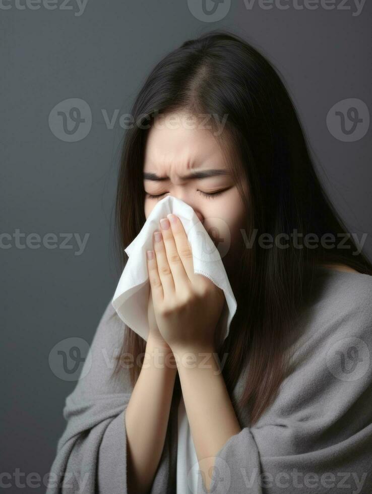 asiatico donna è mostrato sofferenza a partire dal freddo con che cola naso su grigio sfondo ai generativo foto